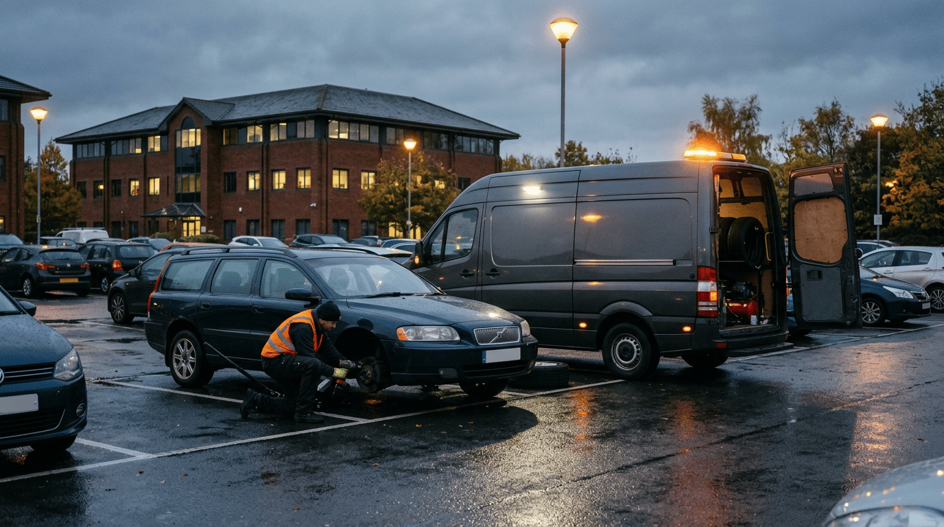 Mobile tyre fitter working on a car in a car park at dusk with the van's amber beacon on