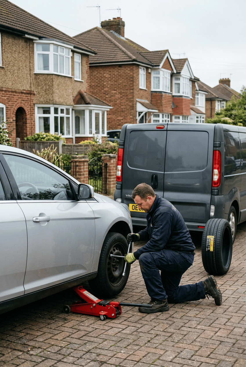 Mobile tyre fitter changing a car tyre on a residential driveway beside his van