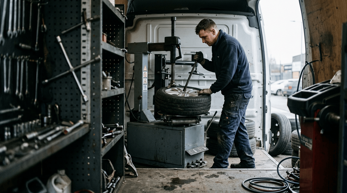 Technician mounting a new tyre onto an alloy wheel inside a mobile fitting van