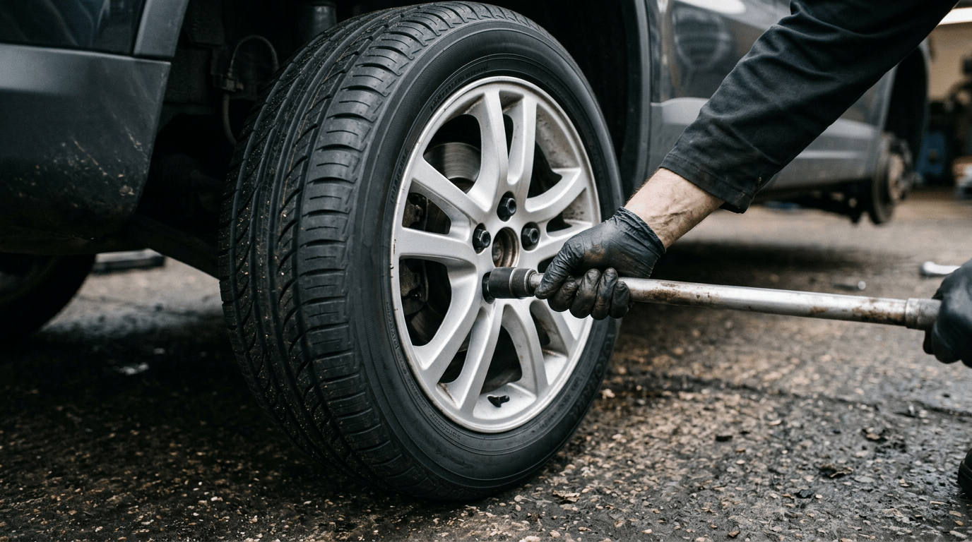 Close-up of wheel nuts being tightened with a torque wrench on a newly fitted tyre